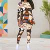Women Plus Size Cartoon Printed Round Neck Long Sleeve Top Fitted Pants Two Piece Set