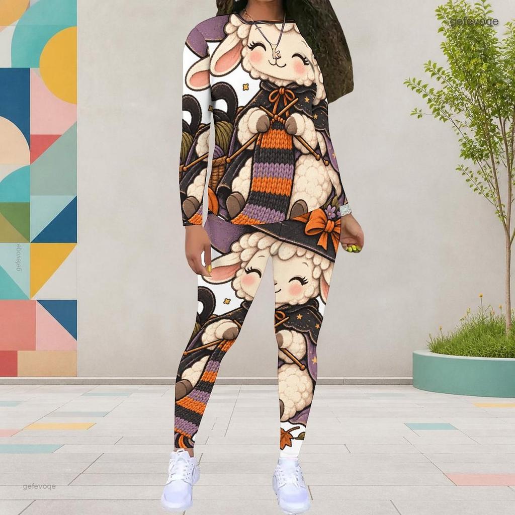 Women Plus Size Cartoon Printed Round Neck Long Sleeve Top Fitted Pants Two Piece Set