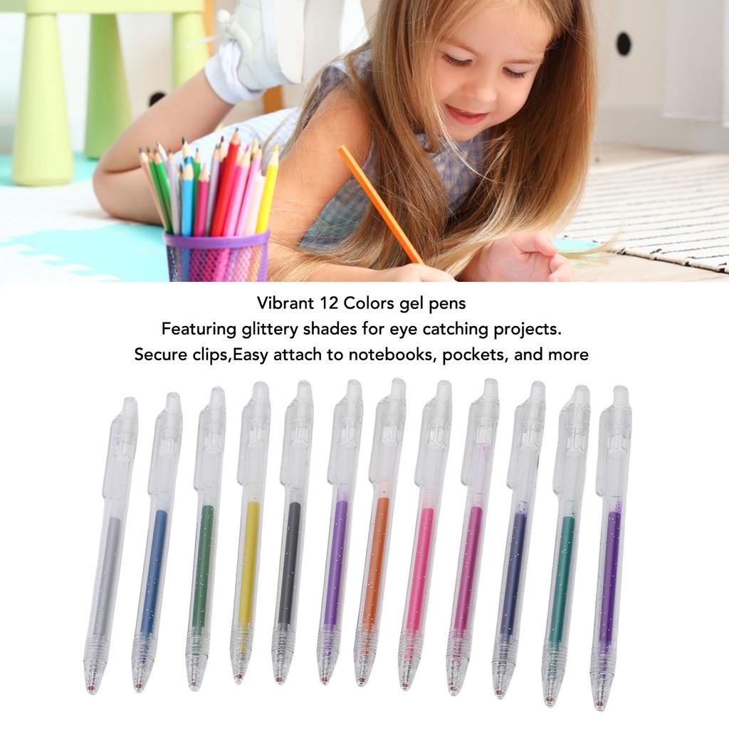 12 Color Retractable Glitter Gel Pens Set Smooth Writing 1.0mm Fine Tip Sparkly Gels Pens for Journal Coloring Drawing Doodling