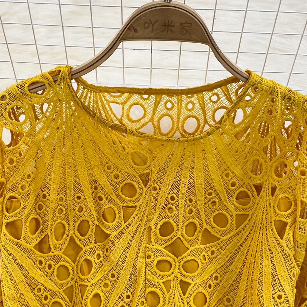 Summer Women Hollow Out Lace Pleated Long Dress Vintage Female O-Neck Yellow/Purple/Blue/Black Patchwork Draped Maxi Vestidos