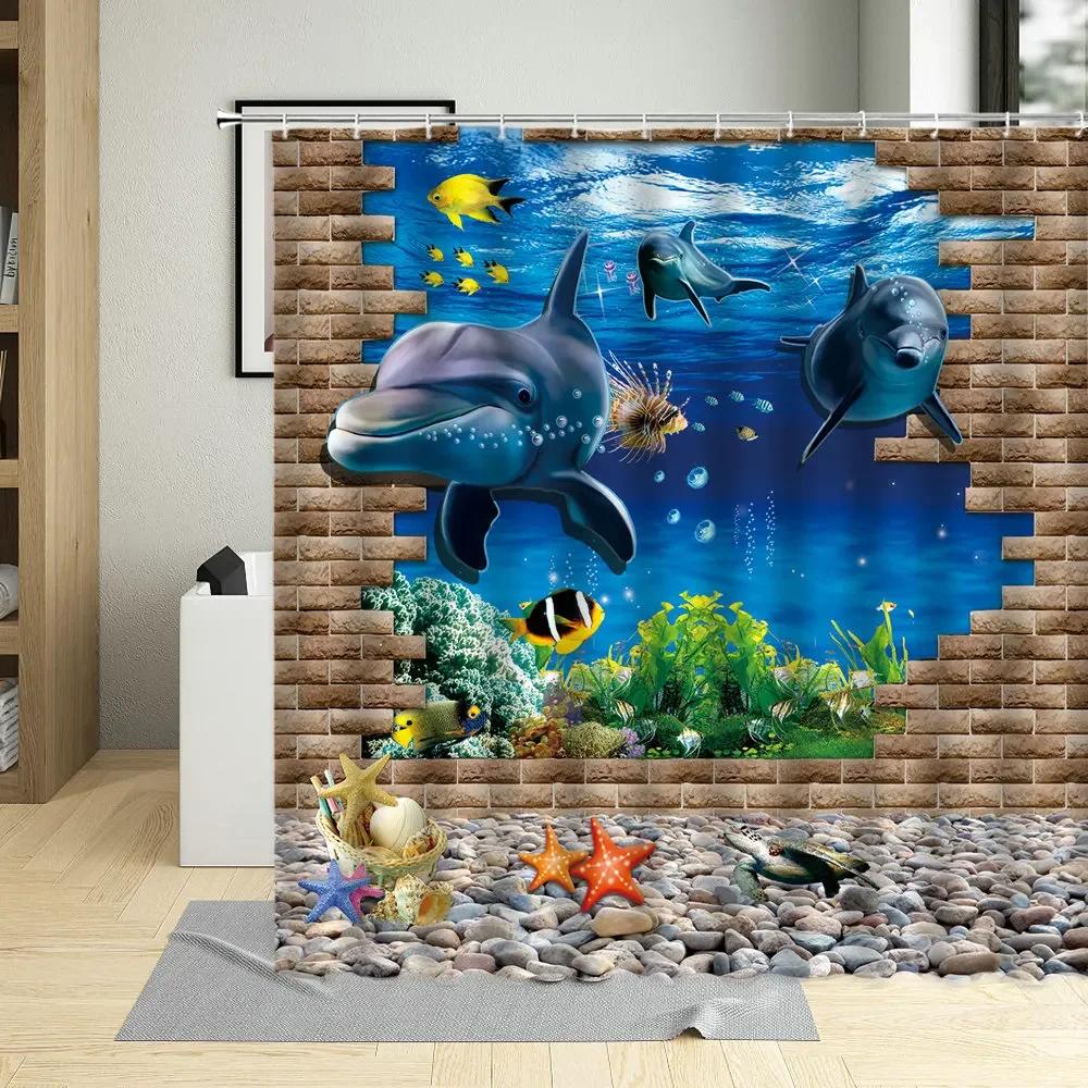 Ocean Sea Animal Dolphin Fish Waterproof Shower Curtain Creative Deep Sea Child Bathroom Decor Screen With Hooks Curtains Set