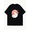 Oversized T-Shirt Black White Fox Cherry Blossom Print Casual Streetwear For Women