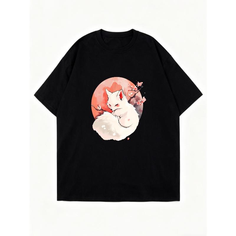 Oversized T-Shirt Black White Fox Cherry Blossom Print Casual Streetwear For Women