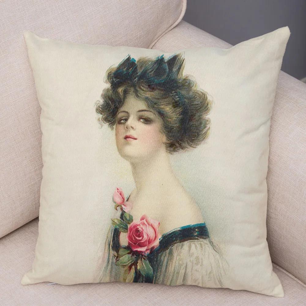 European Lady Cushion Cover Decor Vintage Style Elegant Women Print Pillowcase for Sofa Home Car Soft Plush Pillow Case 45x45cm