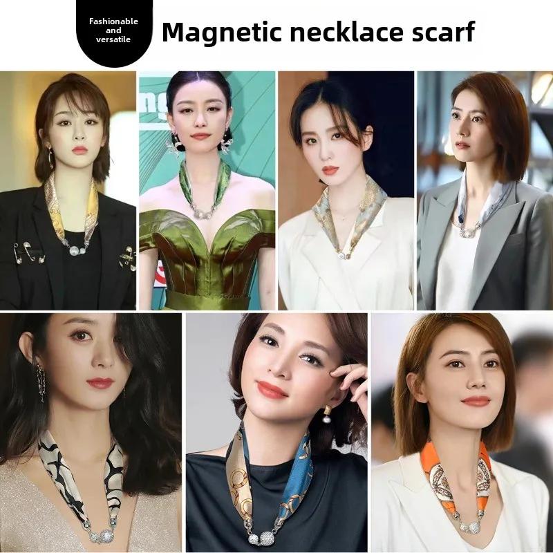 Chinese Retro Multi-Functional Magnetic Women'S Silk Scarf Small Strip Diamond Magnetic Buckle Small Scarf