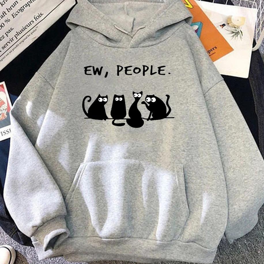 American Vintage 2025 Autumn Winter Woman Hoodies EW PEOPLE Letter Print Top Funny Harajuku Cartoon Black Cat Pattern Clothing