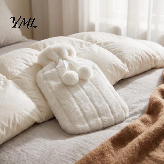 Explosion Proof Hot Water Bag 2L Bottle with Plush Cover, Pompom Drawstring Portable Bag, Winter Warm for Hands, Feet, Stomach