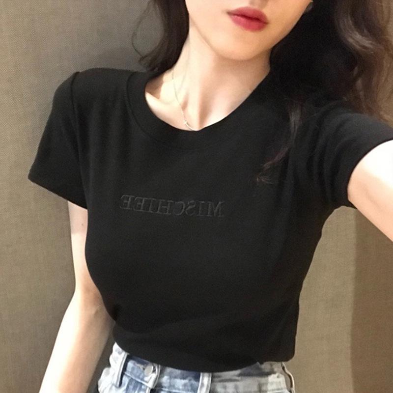 Rosa Kurzarm-T-Shirt mit Buchstabenstickerei im koreanischen Stil für Damen