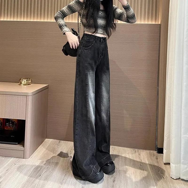 Stylish Distressed Vintage Wide Leg Trousers Women's Clothing High Waist Button Autumn Winter New American Loose Straight Jeans