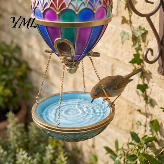 Patio Porch Bird Decor Stained Glass Hot Air Balloon Feeder Fountain, Hanging with Water Fountain Easy Fill Tray, Vintage Bronze Outdoor Garden