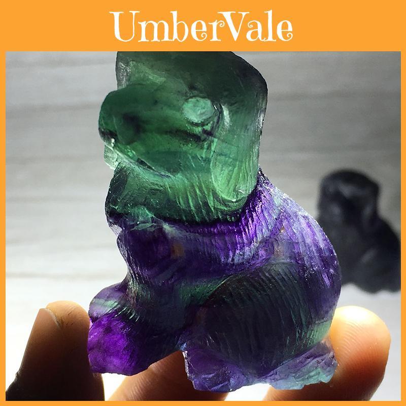 Unique Natural Colourful Fluorite Quartz Crystal Dog Hand-carved Healing Home Decor Piece