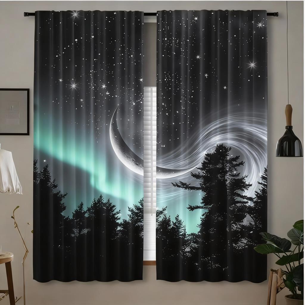 2pcs Forest Starry Sky Moon Night Curtains - Black Rod Pocket Window with Crescent Moon & Starry Sky Design, Perfect for Bedroom