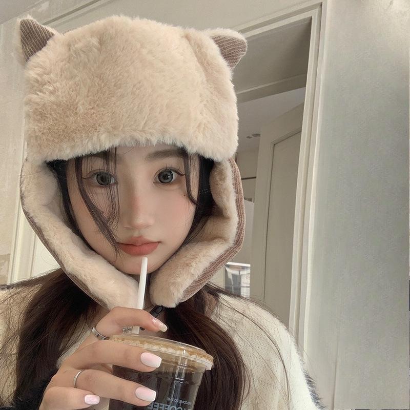 Korejská verze podzimní a zimní sametové zesílené cyklistické teplé bavlněné čepice roztomilá všestranná větruodolná čepice s ochranou uší Lei Feng čepice pro ženy