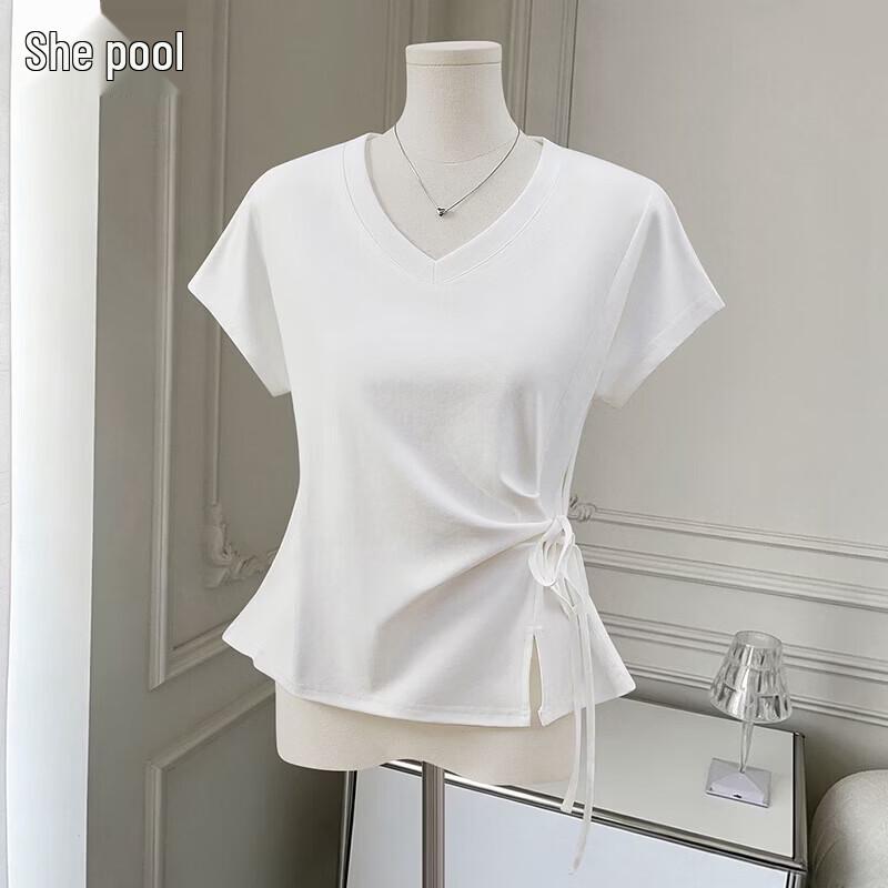 Shechi Design Women s Pleated Tie-Front Slit Hem V-Neck T-Shirt L белый