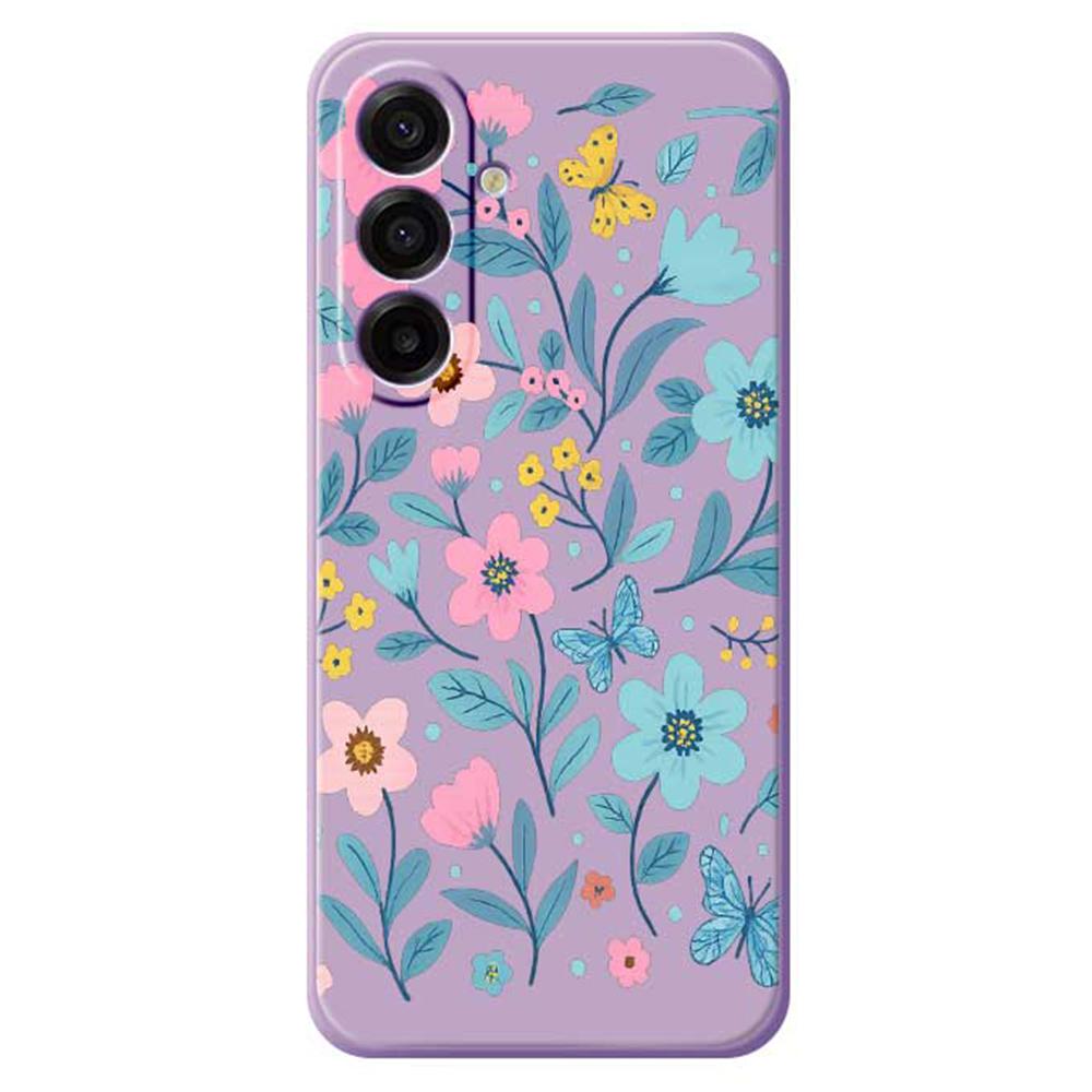 For Samsung Galaxy A17 5G Case Blue Pink Flowers Pattern Printing Straight Edge TPU Phone Back Cover