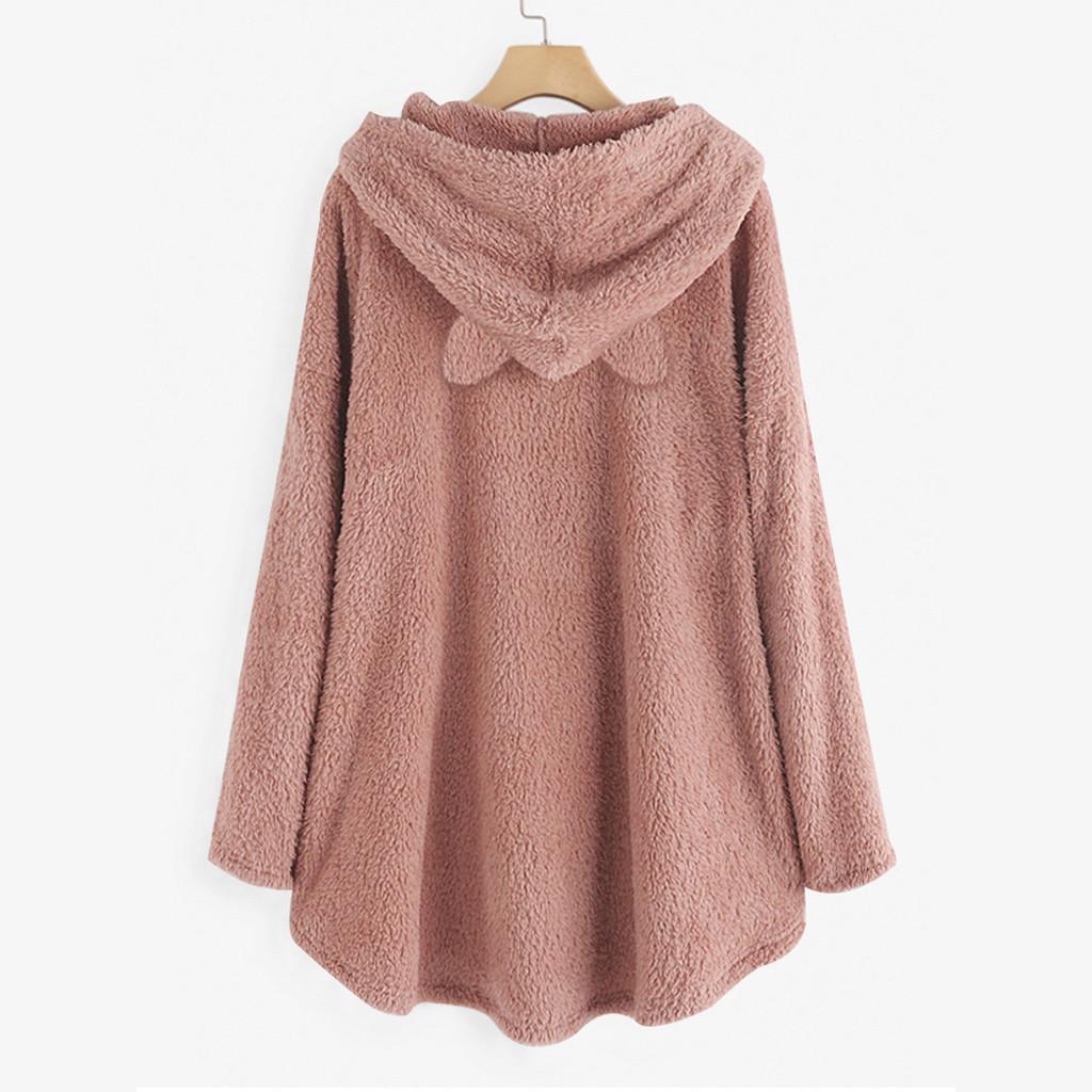 Women Fleece Embroidery Cat Ears Button Hem Plus Size Hoodie Top Sweater Blouse
