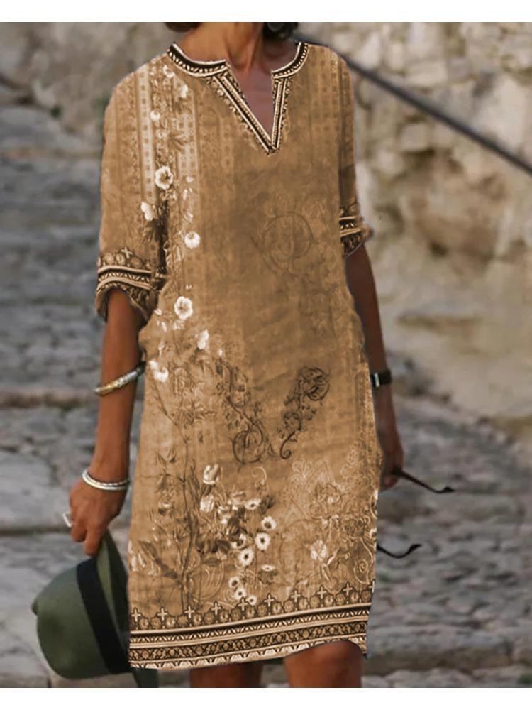 Abito Casual da Donna Primavera Estate Stampa Etnica Scollo a V Morbido Comodo Vita Alta Slim All-Match