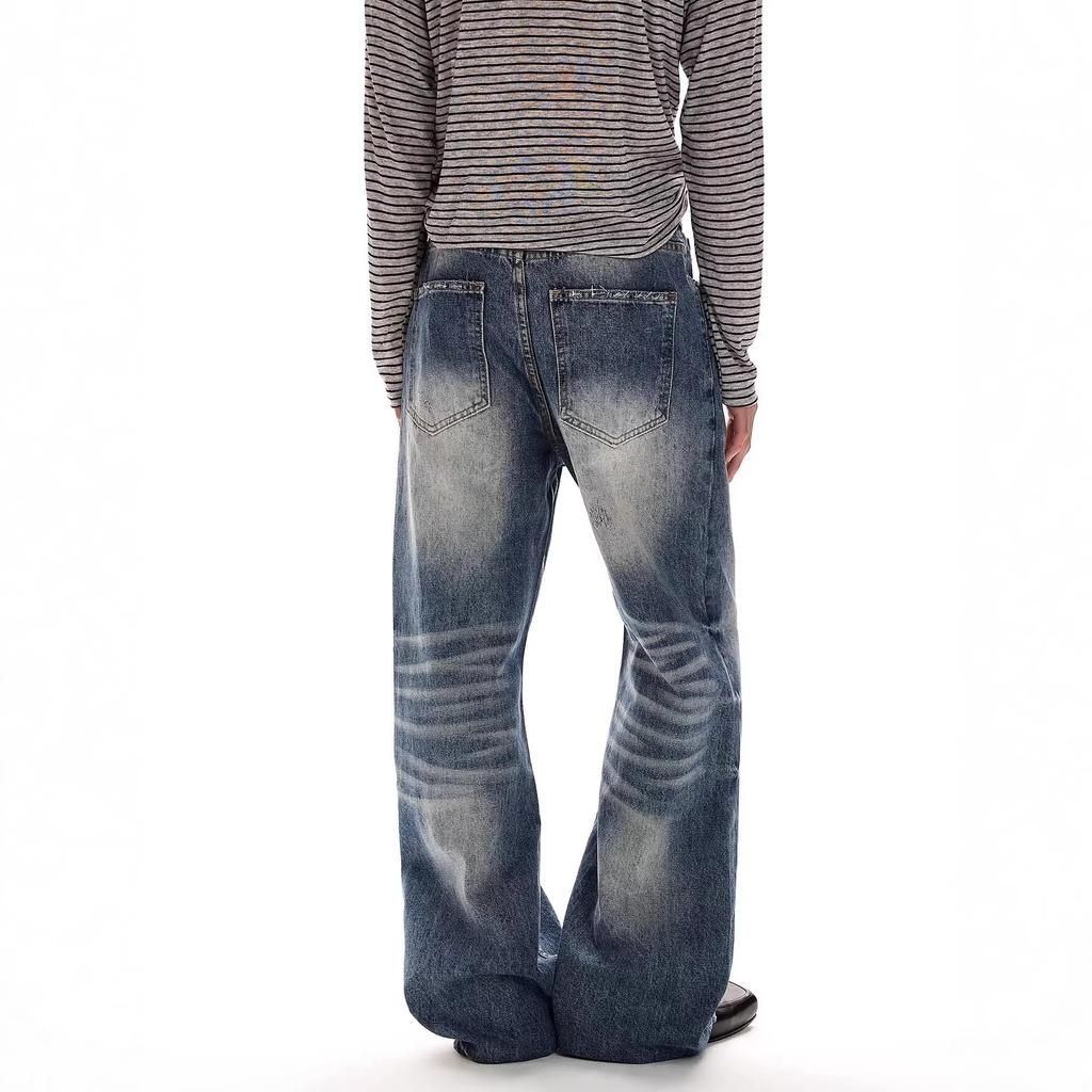 Trendy new American retro washed old destructive jeans men's and women's summer loose and versatile wide-leg pants tide
