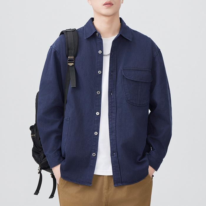 

New Spring Japanese Retro Men s Loose Long-sleeved Casual Pure Cotton American Work Shirt M синій