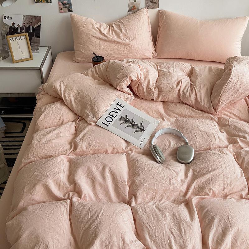 Super Soft Bed 4Pcs Set, Pure Washed Cotton Quilt Cover, Bed Sheet Full Quilt Cover, Bed Hat Student Three 4-Piece Set