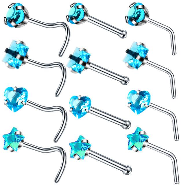 4PCS Surgical Steel Heart Nose Ring Stud Pack Real Star L Shape Nose Piercing Stud Set Square Nose Rings Set Piercing Nariz Lote