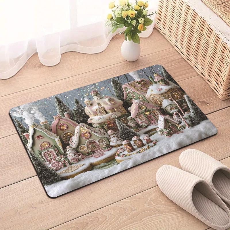 Christmas Traditional Fairy Tale Santa Claus Snowman Tree House Festive Decorative Carpet Rug For Home Decor Holiday Decoration