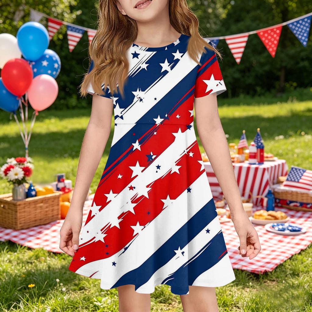 Girls Short Sleeve Dress with Pocket Independence Day Star Print Casual A-Line Dress for Summer Comfortable Fit