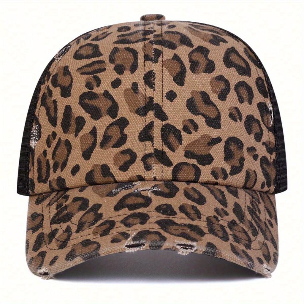 1pc Women Leopard Print Ripped Trucker Hat, Baseball Cap, Streetwear Fashion Casual Hat for Spring/Fall Outings, Travel, Beach Holiday
