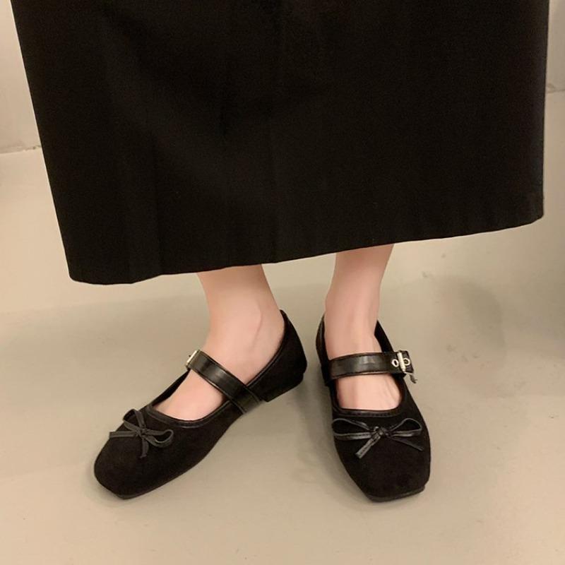 Bow Flats Autumn New Fashion Square Toe Shallow Suede Bow Metal Buckle Slip Strap Soft Sole Low Top Shoes