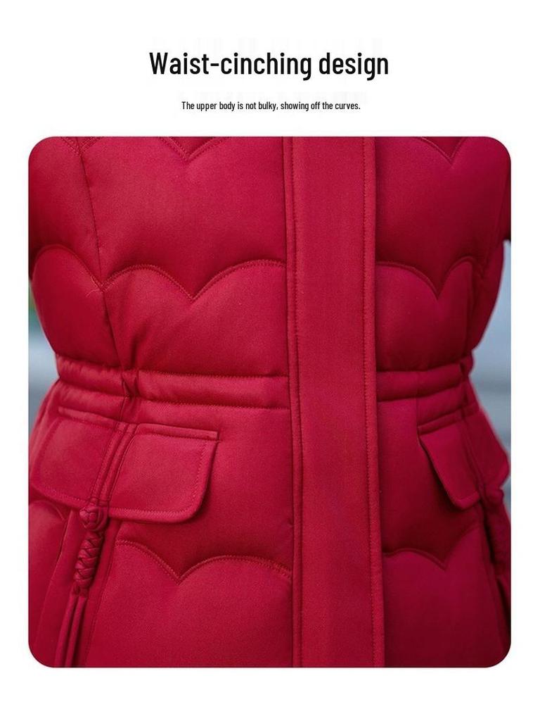 Women's Mid-Length Winter Fur Collar Hooded Cotton Jacket - Fashionable Slimming Warmth