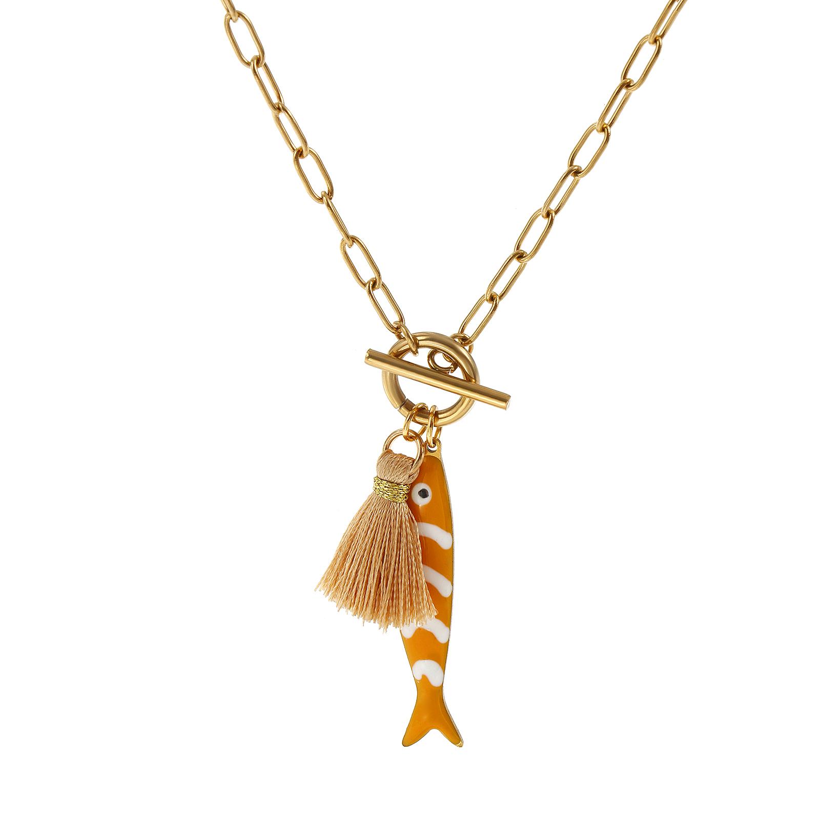 

304 Stainless Steel Fish Pendant Charm Necklace 18K Gold Plated Paperclip Link Chain Tassel Double-sided Enamel Ocean Jewelry оранжевый