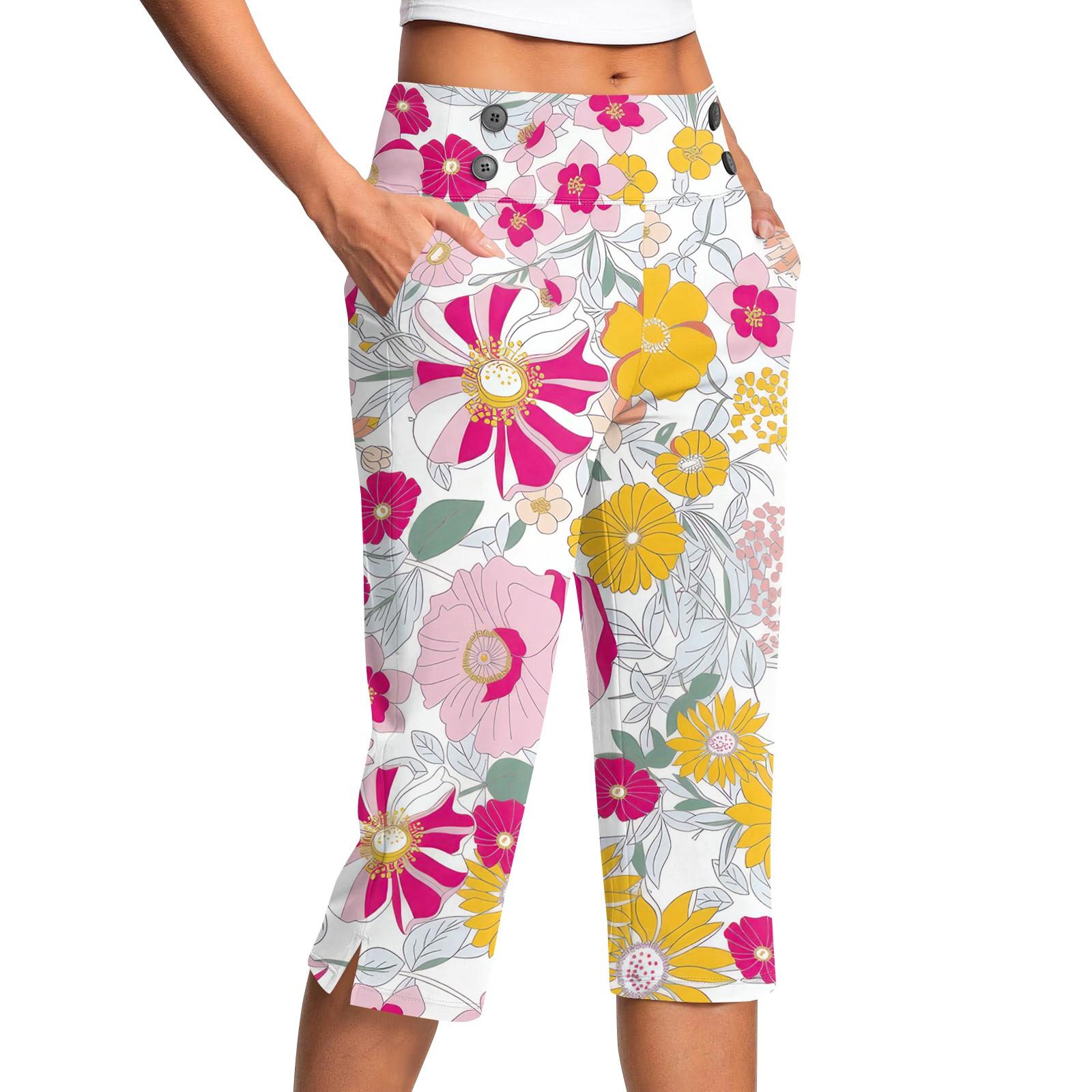 

Женские винтажные брюки с цветочным принтом, на пуговицах, с карманами, с разрезом, с высокой талией, спортивные, для йоги, повседневные S