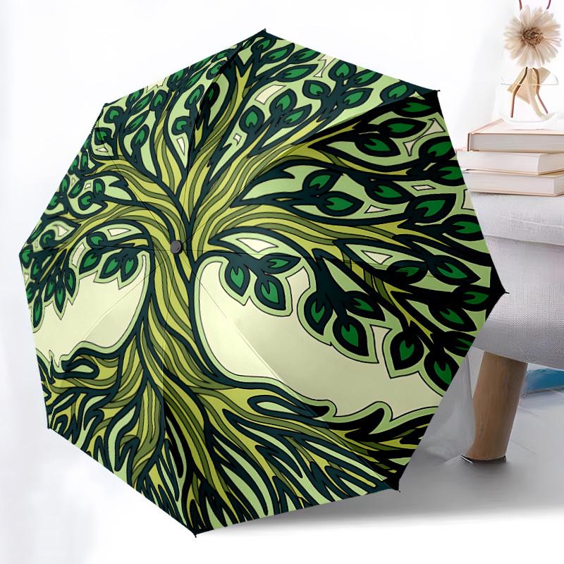 1pc Tree of Life Automatic Folding Umbrella - 8-Rib Iron Frame, Portable Sunshade with Plastic Handle yy250731284