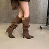 New stacked boots thin heel retro French single boots high heel spice girl wind pointed cowboy boots long boots