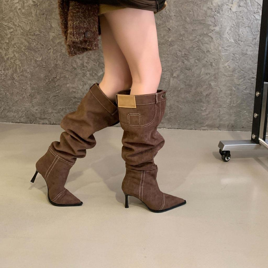 New stacked boots thin heel retro French single boots high heel spice girl wind pointed cowboy boots long boots