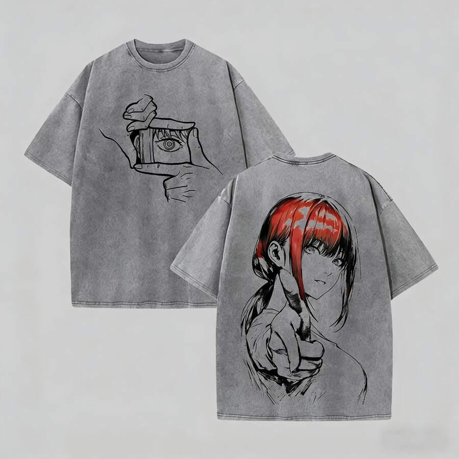 Makima Print T-shirt Anime Chainsaw Man Clothing Men Women Cotton Tshirts Retro Washed T Shirt Harajuku Unisex Oversized Tops