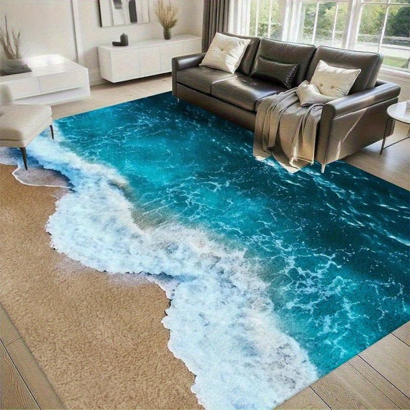 Beach Starfish Seashell Moon Wave Print Large Area Rug Soft Flannel Non Slip Floor Carpet for Living Room Coastal Nautical Style