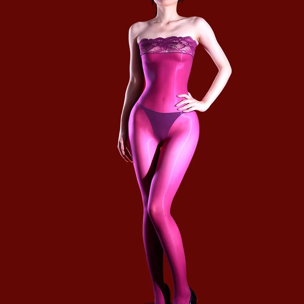 Fashion Women Lace Strapless Bodysuit 5D Oil Glossy Shiny Jumpsuit Yoga Shaping Tights Patchwork Open Crotch Maid Leotard
