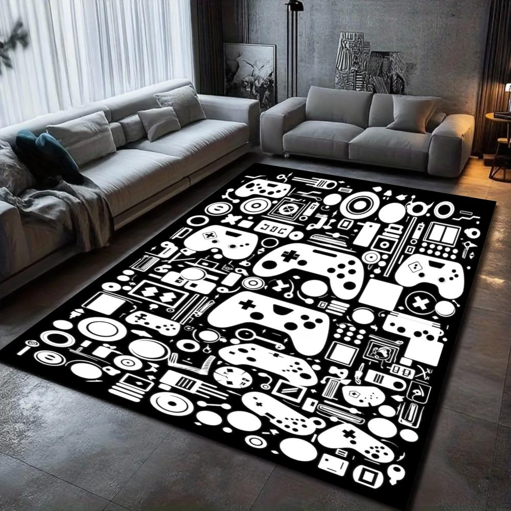 Gaming Theme Large Area Rug Black White Game Controller Accessory Icon Pattern Carpet Floor Mat for Living Room Game Room