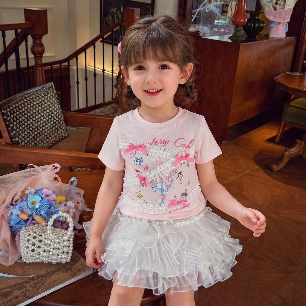 Girls Summer Cotton Cartoon T Shirt Sweet Lace Short Sleeve Top Baby Cute Thin Blouse
