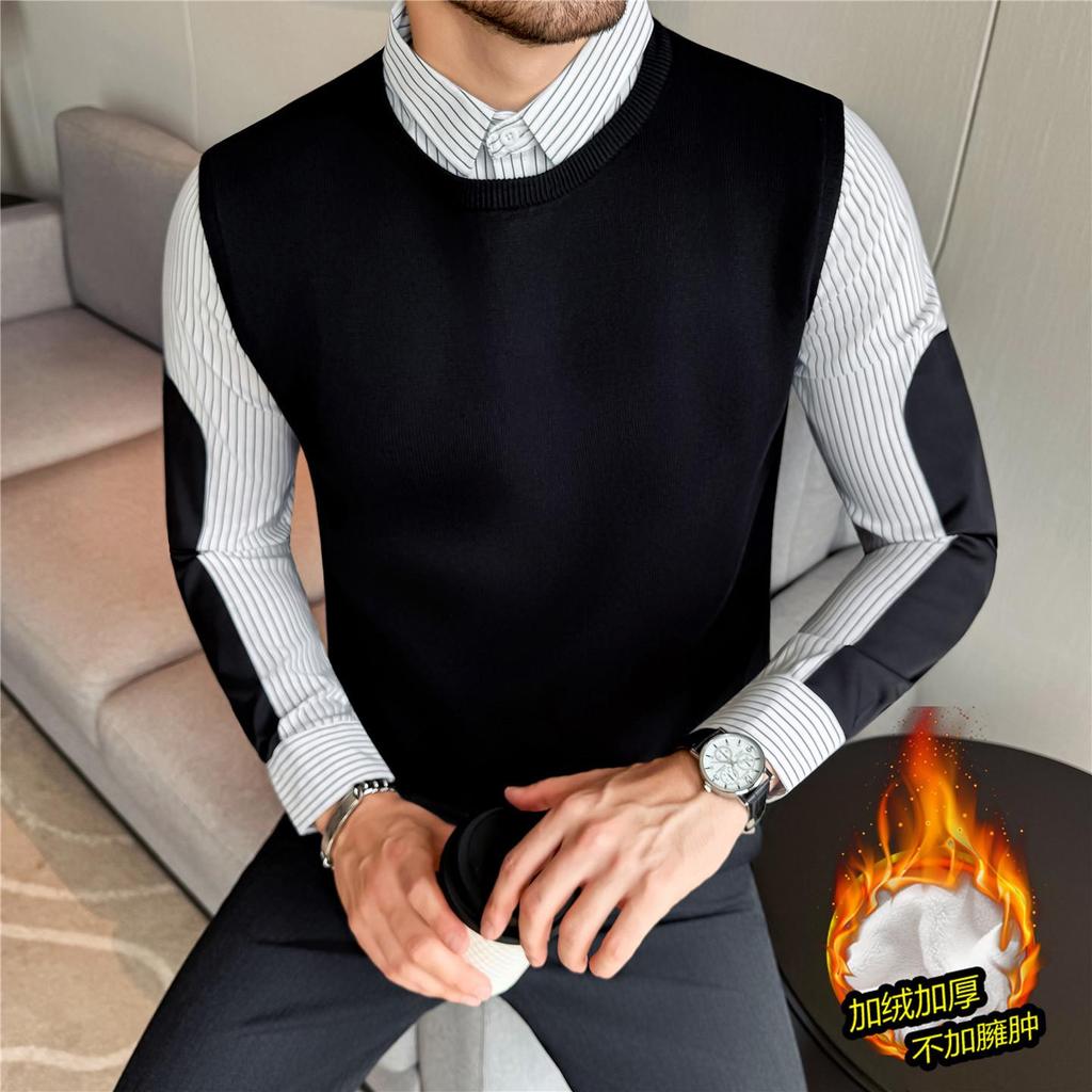 2025 Men's Winter Plus Velvet Warm Sweater Slim Fit Business Trendy Two-Piece Layer Shirt