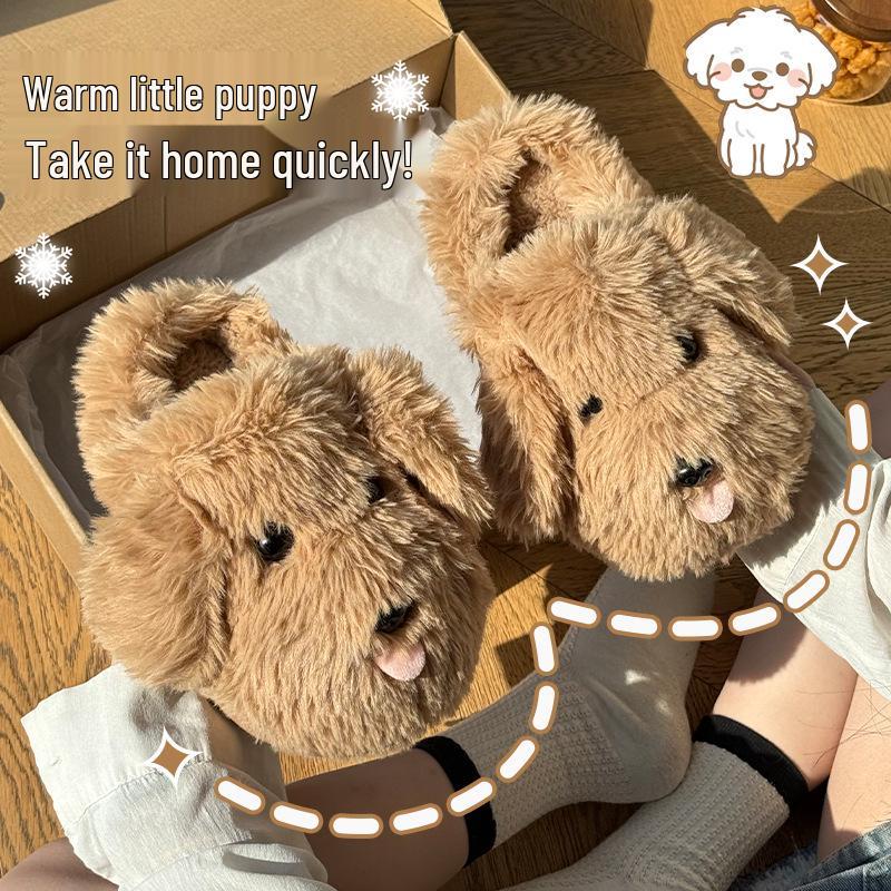 2025 Cute Tongue-Out Puppy Faux Fur Bag & Slippers - Thick-Soled, Warm, Non-Slip Cotton Shoes for Men & Women (Autumn/Winter)