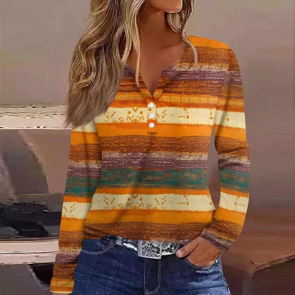 Damen T-Shirt mit V-Ausschnitt, lässig, Blumendruck, langärmelig, zum Zuknöpfen, langärmelig