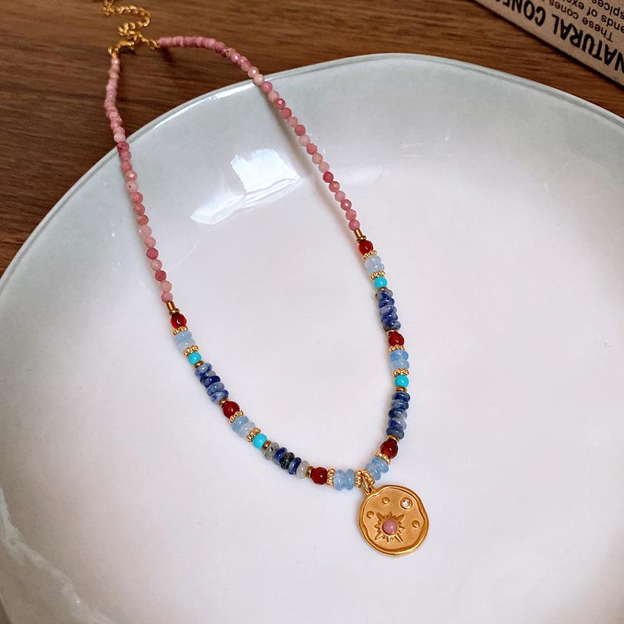 

Titanium steel colored natural stone diamond round pendant necklace collarbone chain personalized versatile item decoration