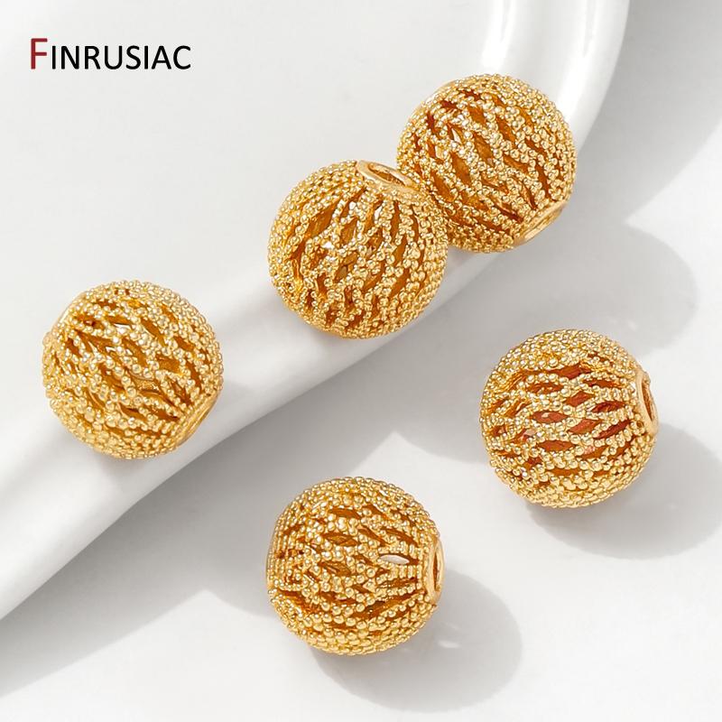 Cuentas Espaciadoras Redondas de Latón Chapado en Oro de 14K, Separadores de Cuentas de Bola Hueca de 8/10 mm para Accesorios de Fabricación de Pulseras y Collares DIY