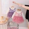 Girls Spring Autumn Princess Dress Sweet Bow Tulle Long Sleeve Dress Kids Party Gown Casual Elegant Children Clothing