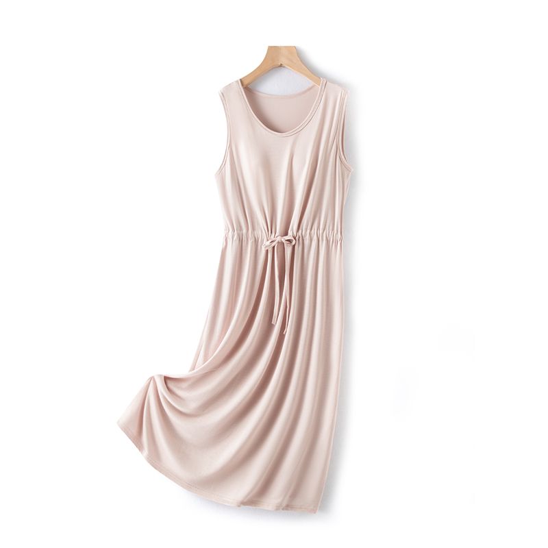 

Modal Drawstring with Chest Pad Dress Women s Summer Mid Length Long Length Home Vest Skirt Plus Size Loose Pleated A- line Skirt Champagne XL (60.00 kg-75.00 kg recommended