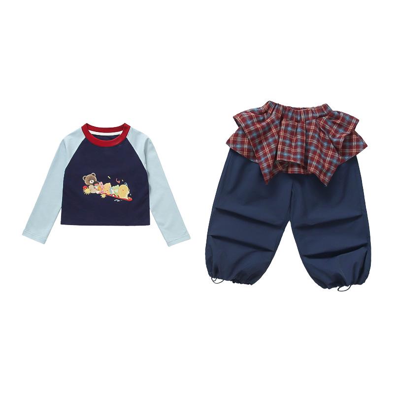 Girls' Korean Cartoon Plaid Bib Overalls Set - Autumn 2025 Edition