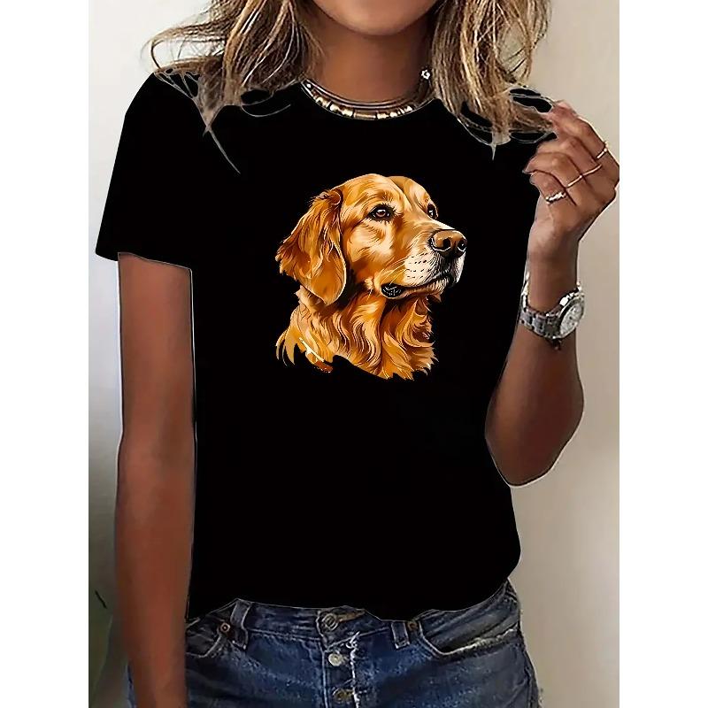 European Size Women's Casual Short Sleeve T-Shirt with Cute Golden Retriever Graphic Print - Soft Stretch Round Neck Tee