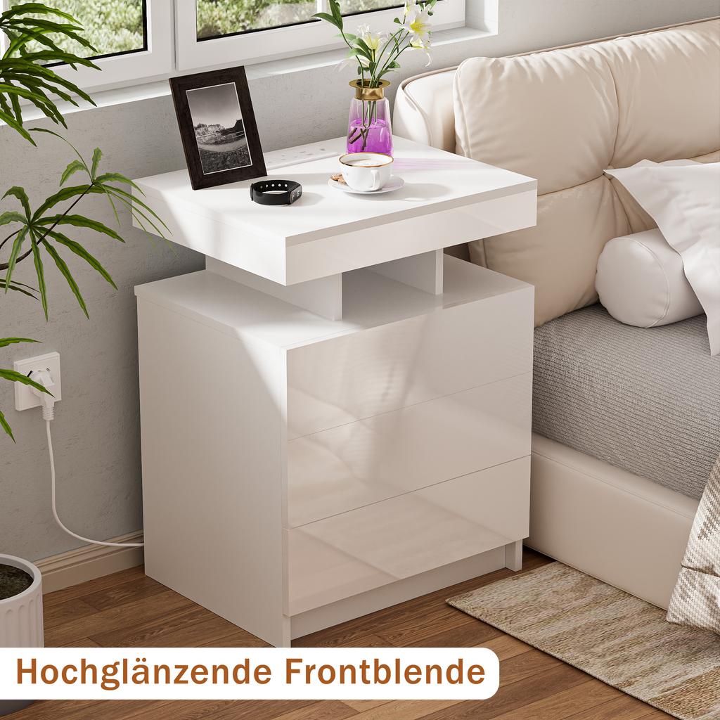 Bedside Nightstand with Narrow Profile Steel Frame and Fabric Drawers with Charging Station and LED Lights Modern Minimalist